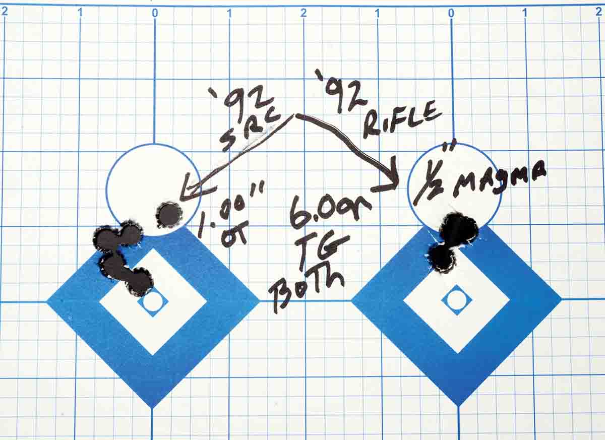 Throughout group shooting, the Model 1892 .38-40 Saddle Ring carbine provided consistently larger groups than the Model 1892 rifle.